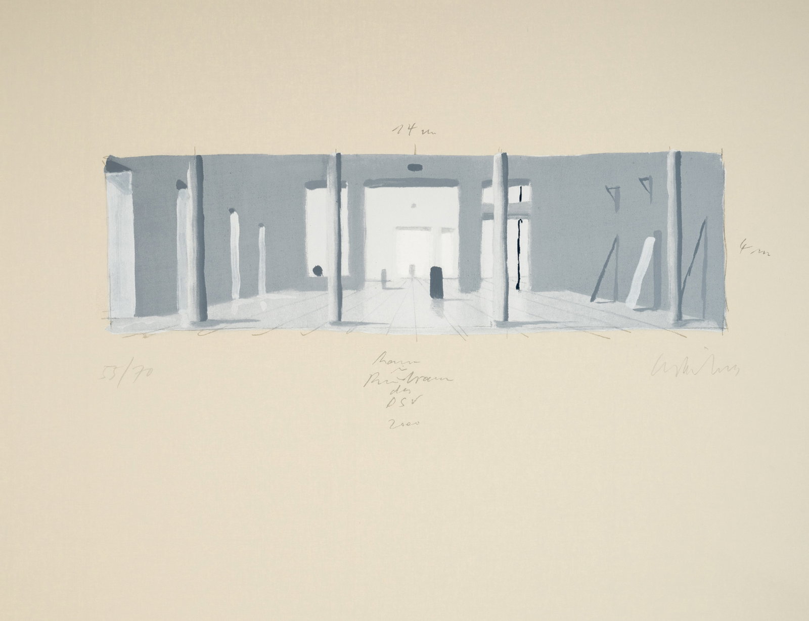 Willikens, Ben: Willikens, Ben Leipzig, 1939 Blattgröße: 50 x 65 cm, o. R. "Raum - Kunstraum des DSV", 2000. Silkscreen print on wove paper. Signed, numbered 55/70 and dated. Corporate collection, Germany.
