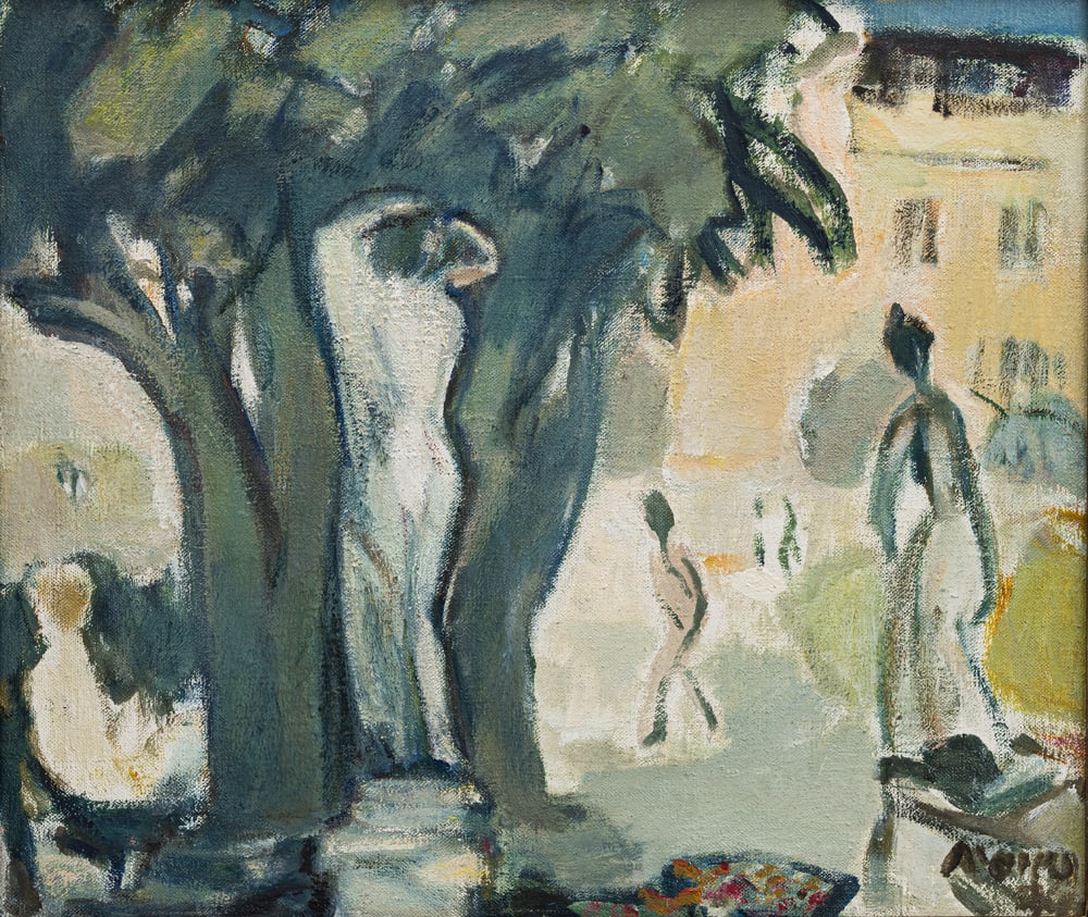 Schultz, Mares: Schultz, Mares Hamburg, 1920 - Stuttgart, 2013 48 x 56 cm, R. View of the rear side of the Neues Schloss with the entrance to the Kunstgebäude, c. 1999. Oil on canvas. Signed in oil at the lower