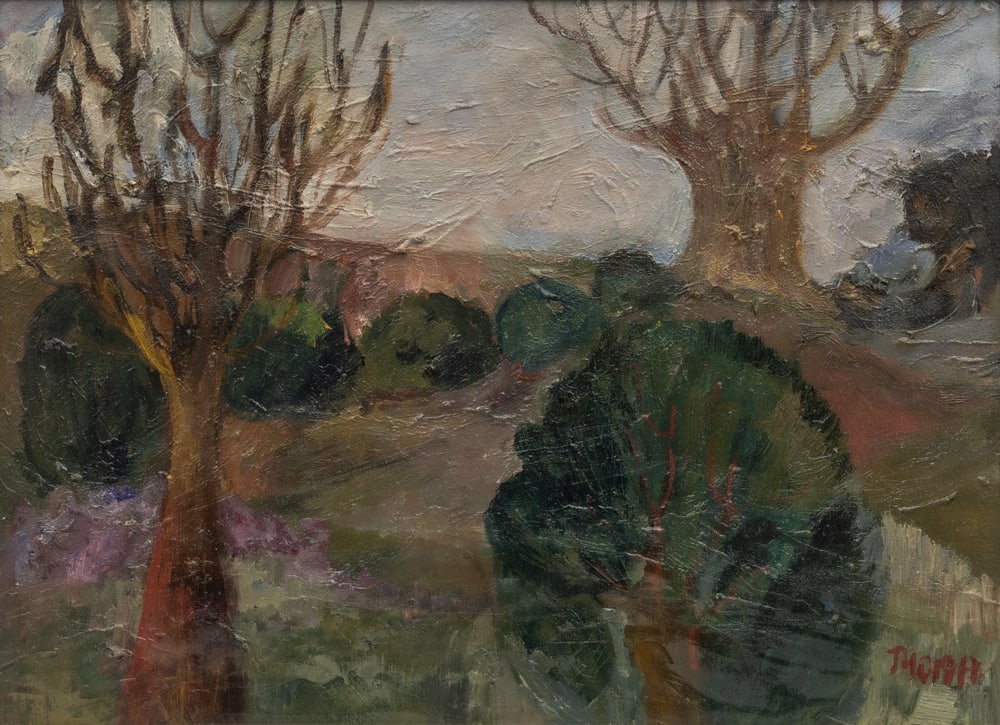 Grabert-Thomas, Ingrid: Grabert-Thomas, Ingrid Stuttgart, 1937 33 x 45 cm, R. Autumn landscape. Oil on canvas. Signed in oil at the lower right. Studio of the artist. Private property, Baden-Württemberg, acquired there