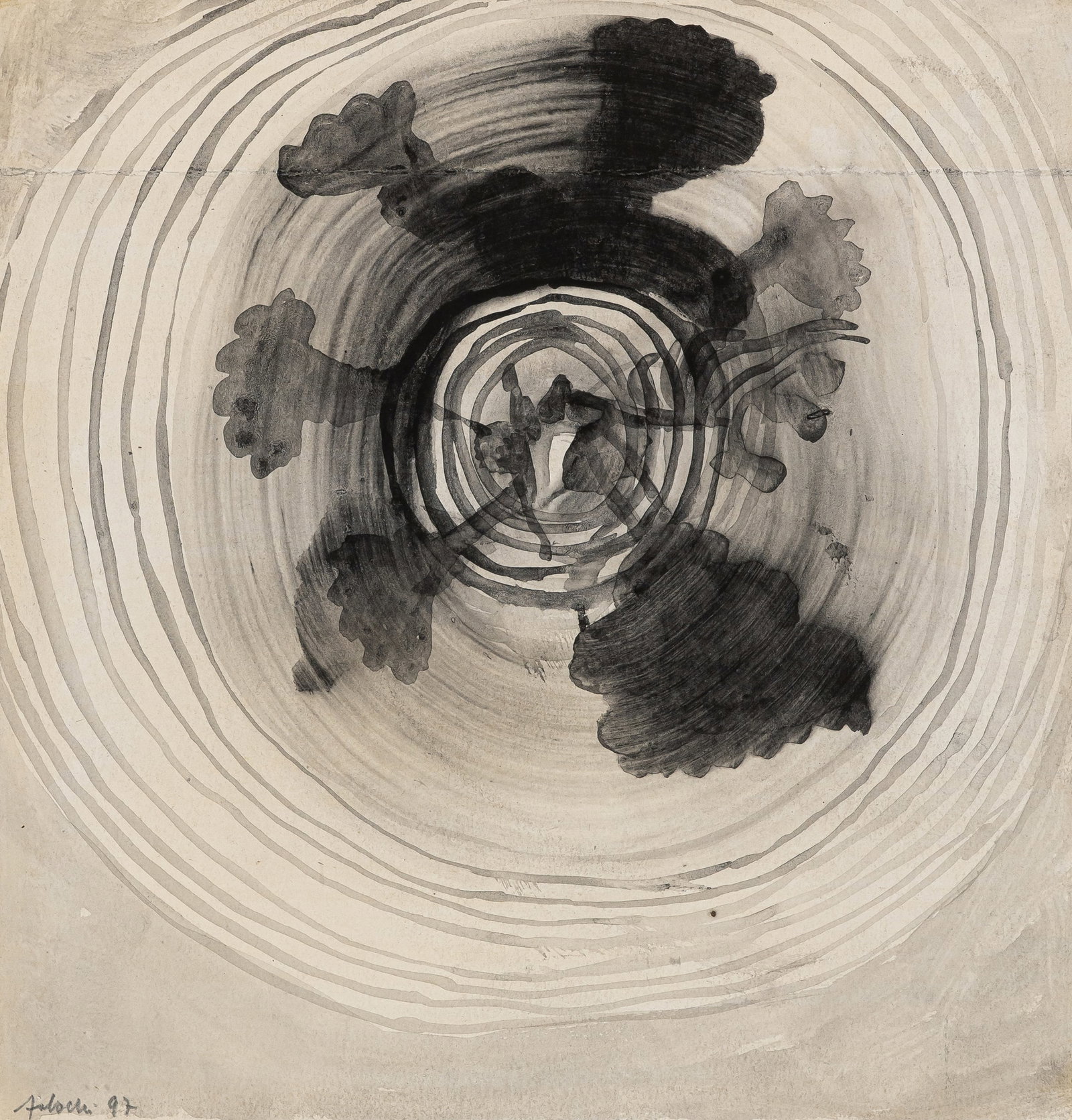 Adochi, Heinz: Adochi, Heinz Rosenau, 1954 Blattgröße: 21,5 x 21 cm, R. Untitled, 1997. Casein on paper. Signed and dated. Collection, Nordrhein-Westfalen. Adochi, Heinz Rosenau, 1954