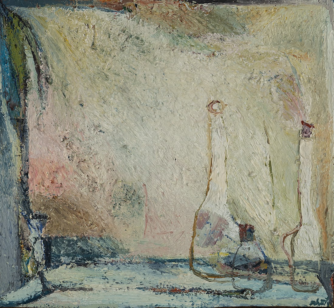 Schuster, Helmut: Schuster, Helmut Wasseralfingen, 1939 - Aalen, 2010 30,5 x 33 cm, R. "Gefäße", 1980. Oil on cardboard, mounted on masonite. Signed, as well as signed and dated on an artist's label affixed