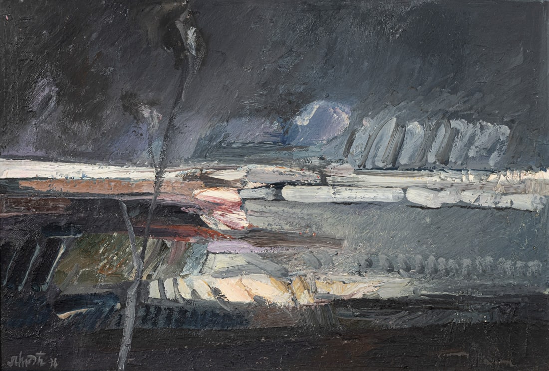 Schuster, Helmut: Schuster, Helmut Wasseralfingen, 1939 - Aalen, 2010 33 x 48 cm, R. Landscape, 1976. Oil on cardboard, mounted on masonite. Signed and dated in oil at lower left. Private property, Bayern. Schuster,