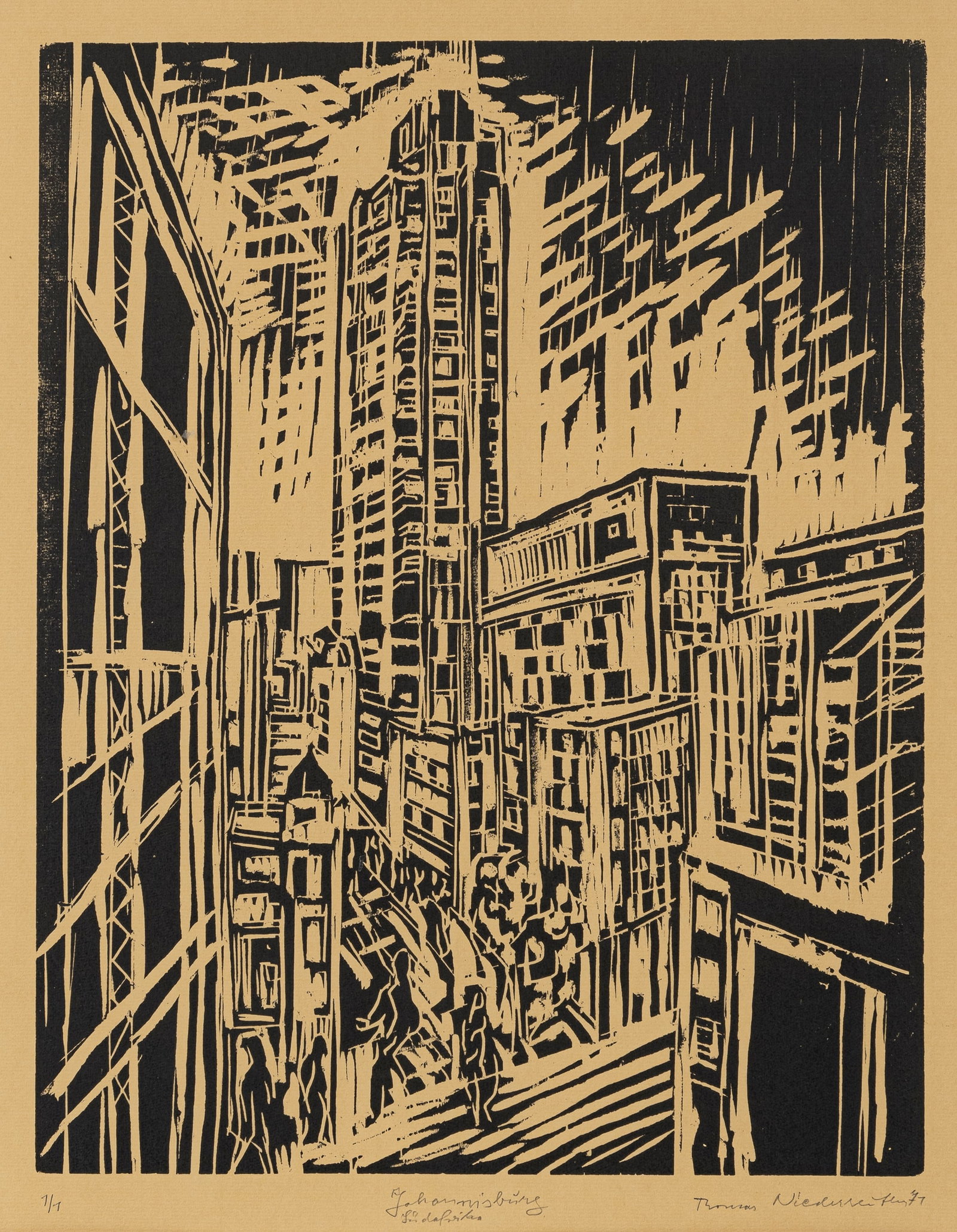 Niederreuther, Thomas: Niederreuther, Thomas München, 1909 - 1990 49,5 x 39 cm, R. "Johannisburg - Südafrika", 1971. Linocut on wove paper. Signed, dated and numbered 1/1. Private property, Baden-Württemberg