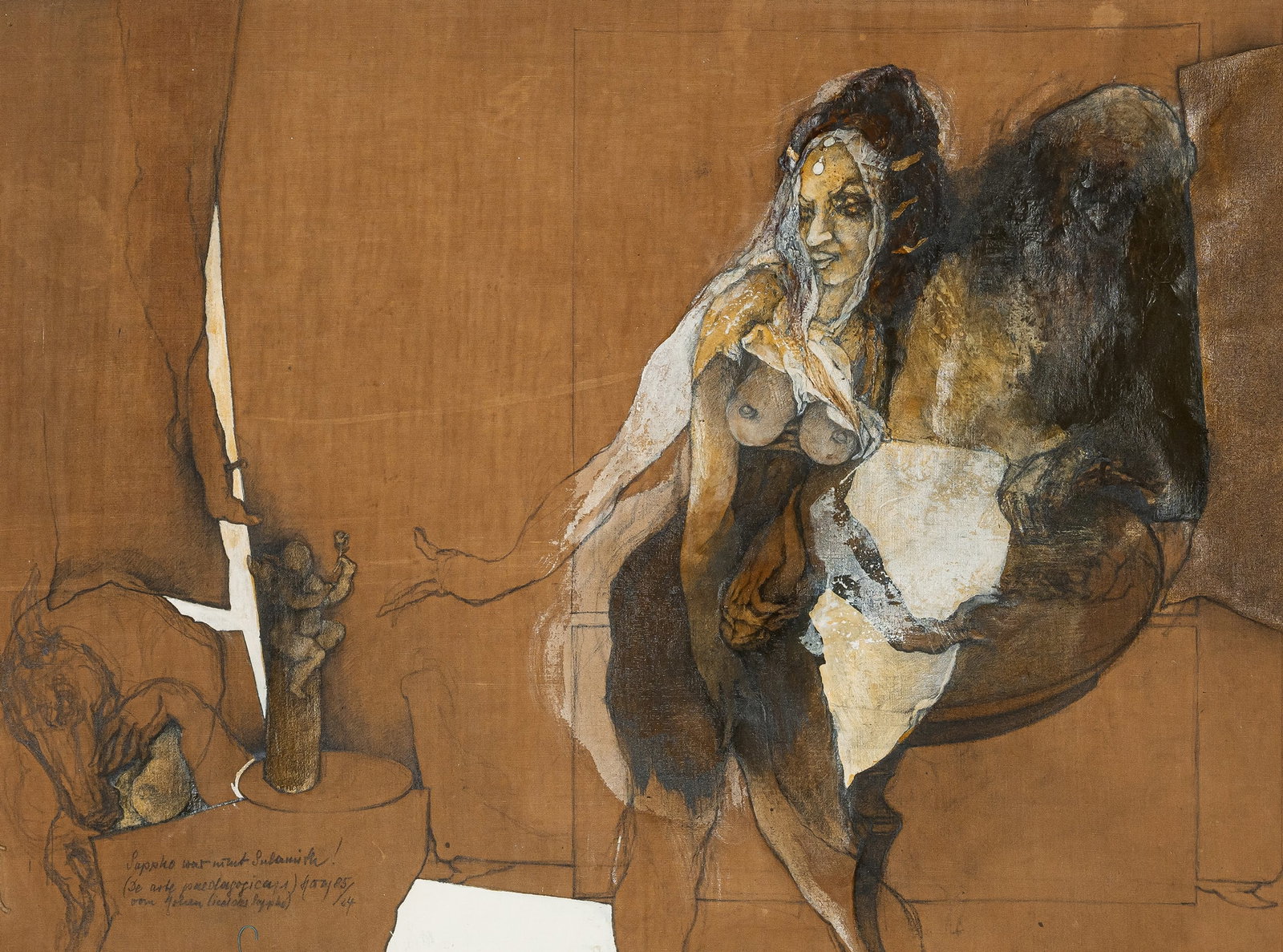 Hämmerle, Joachim: Hämmerle, Joachim Bad Saulgau, 1940 - 2024 48 x 63,5 cm, R. "Sappho war nicht Sulamith", 1985. Mixed media on linen. Monogrammed and dated. Studio of the artist. Private property, Baden-Würt