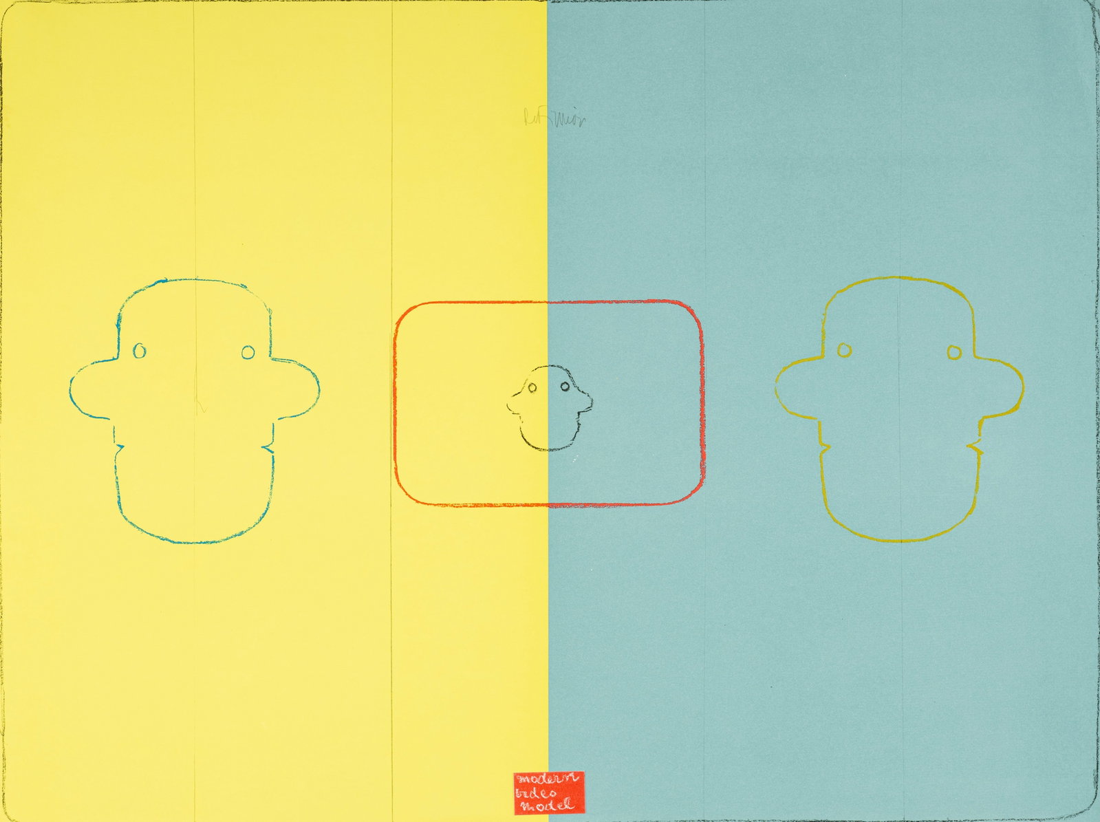 Filliou, Robert: Filliou, Robert Sauve, 1926 - Chanterloube/Les Eyzies-de-Tayac-Sireuil, 1987 48 x 64 cm, o. R. "modern video model", 1984. Offset lithograph with collage on light cardboard. Signed. Andersch, 69.