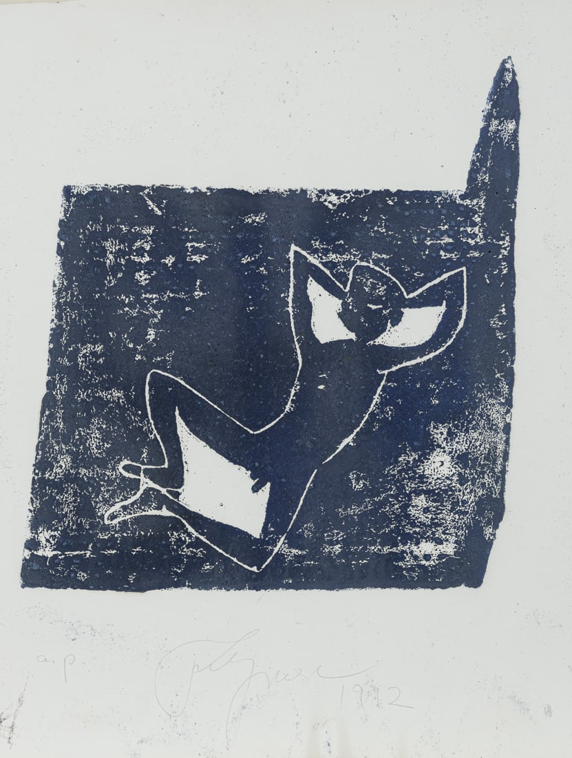 Droese, Felix: Droese, Felix Singen, 1950 38 x 42,5 cm, R. Reclining male nude, 1992. Woodcut on wove paper. Signed and dated in pencil lower centre as well as inscribed "a. p." lower left. Collection Jürgen