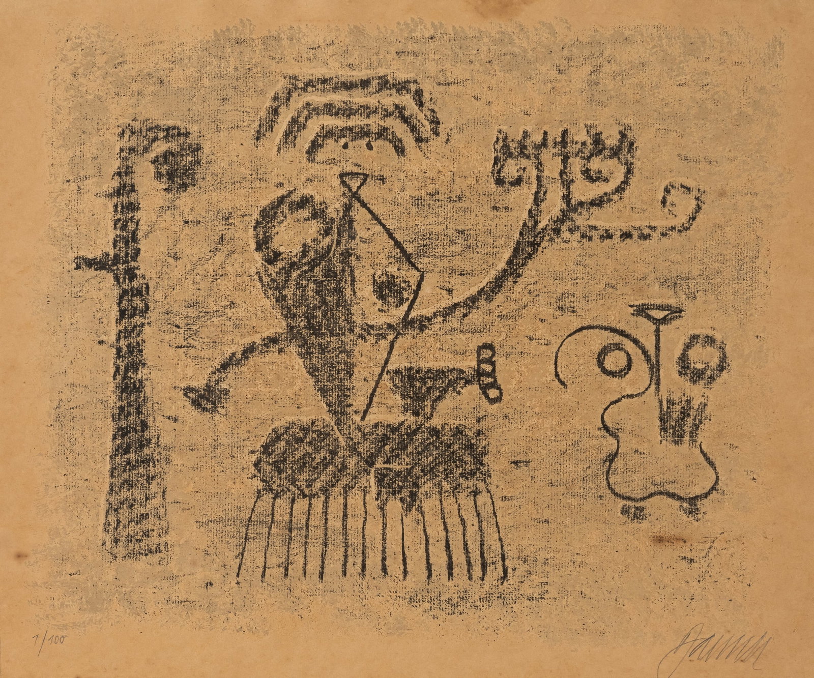 Baumeister, Willi: Baumeister, Willi Stuttgart, 1889 - 1955 31 x 36 cm, R. "Ischar, du Göttin, hast die Liebe des Gilgamesch vergeblich gefordert", 1947. Lithograph on Japanese paper from "Sumerische Legende".
