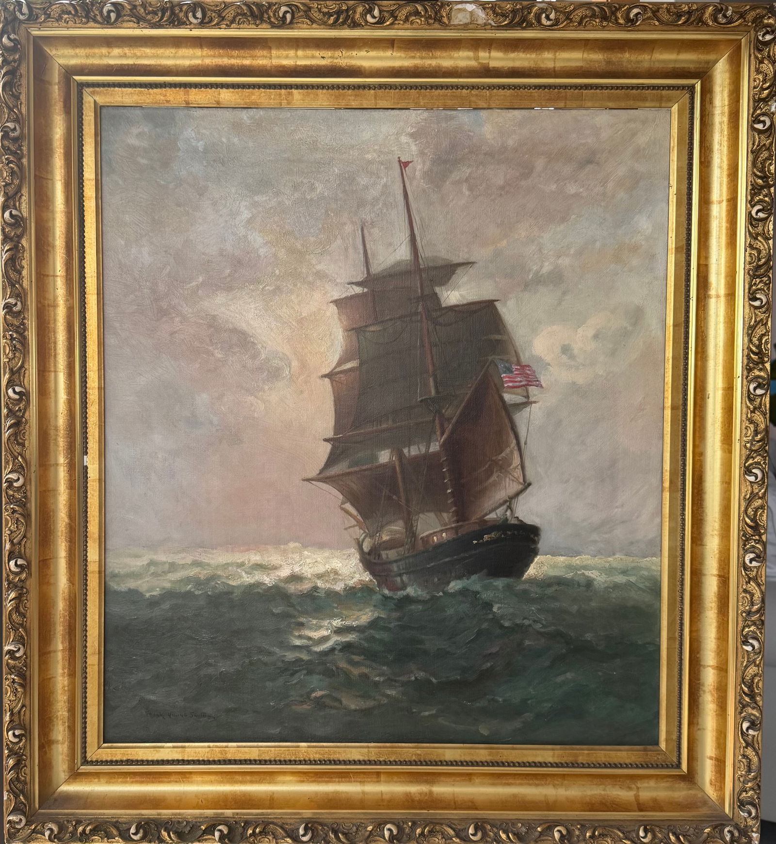 Frank Vining Smith (American, 1879-1967): Frank Vining Smith was an American painter renowned for his maritime scenes, capturing the beauty and majesty of historic sailing ships and coastal waters. Born in Massachusetts, Smith was influenced