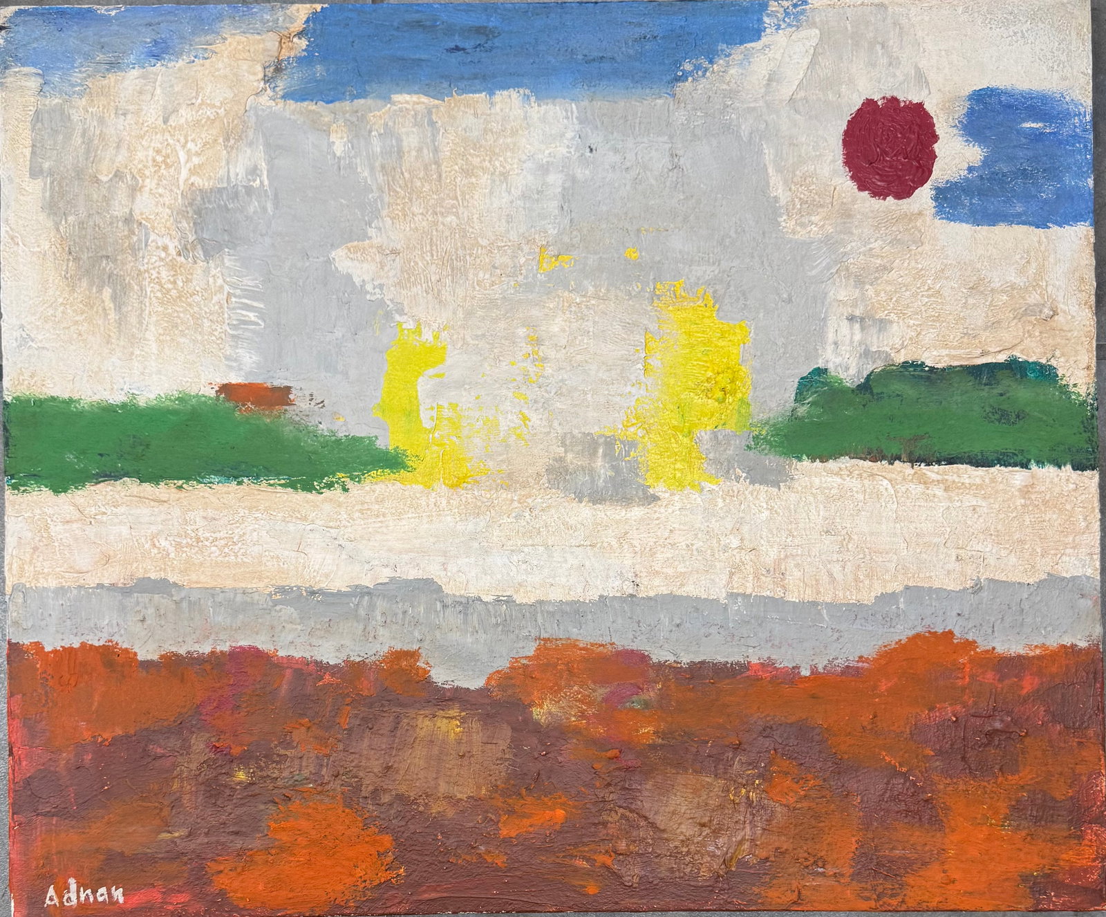 Etel Adnan (Lebanese/American, 1925–2021): Etel Adnan was a celebrated Lebanese-American artist and poet, known for her abstract landscapes characterized by bold color fields and simplified forms. Her paintings, often created with a palette kn