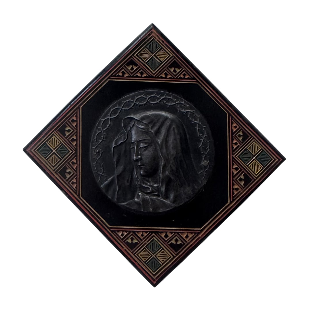 French Antique Religious Wall Plaque: This beautiful plaque depicts what we believe to be Saint Mary. White metal round plaque mounted on a wood base. We believe it may be of French origin, but please refer to the photos provided to make