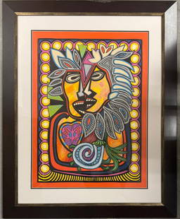 Raul Martinez (Cuban, 1927-1995): Raul Martinez was active/lived in Cuba. Raul Martinez is known for his paintings depicting revolutionary idols. Certificate of Authenticity (COA). Plaka on Cardboard. Title: "Mascaras" (1986). Dimensi