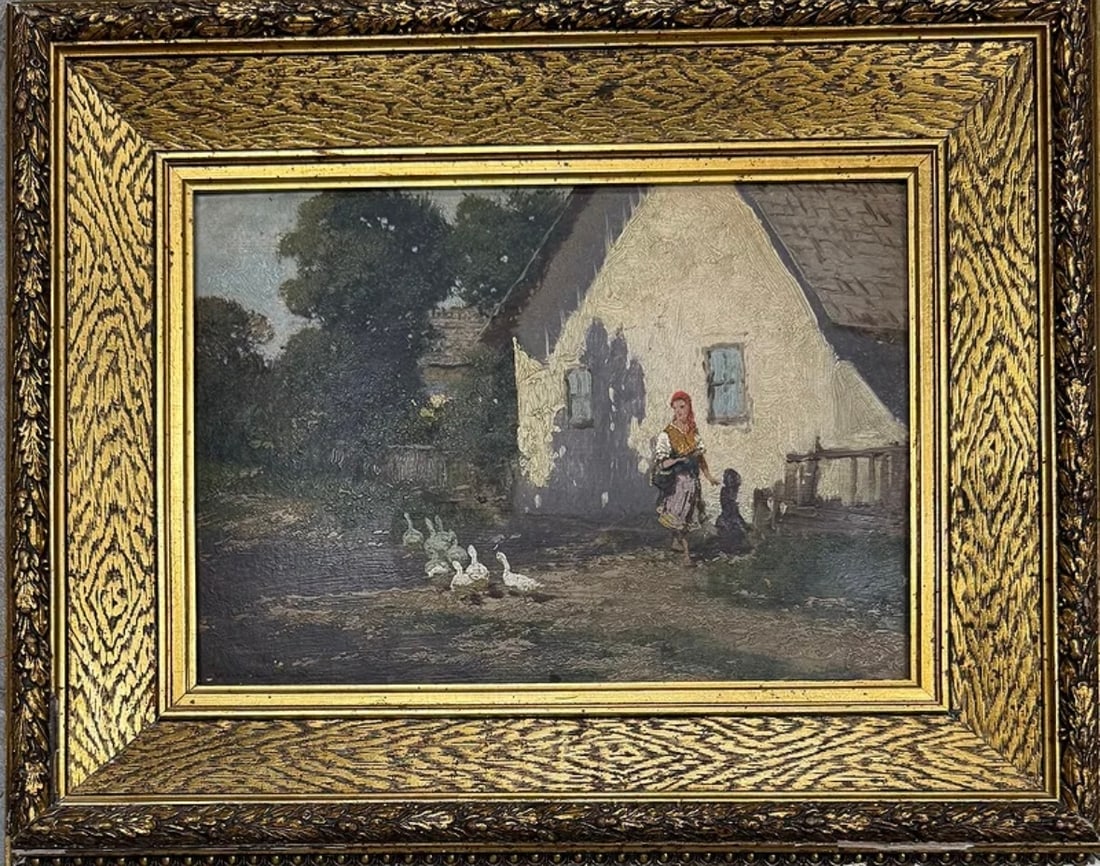 Laszlo Neogrady (Hungarian, 1896-1962): A Hungarian painter known for atmospheric landscapes, especially winter scenes with shimmering light and precise detail. The canvas balances naturalistic observation with decorative rhythm. Medium: Oi