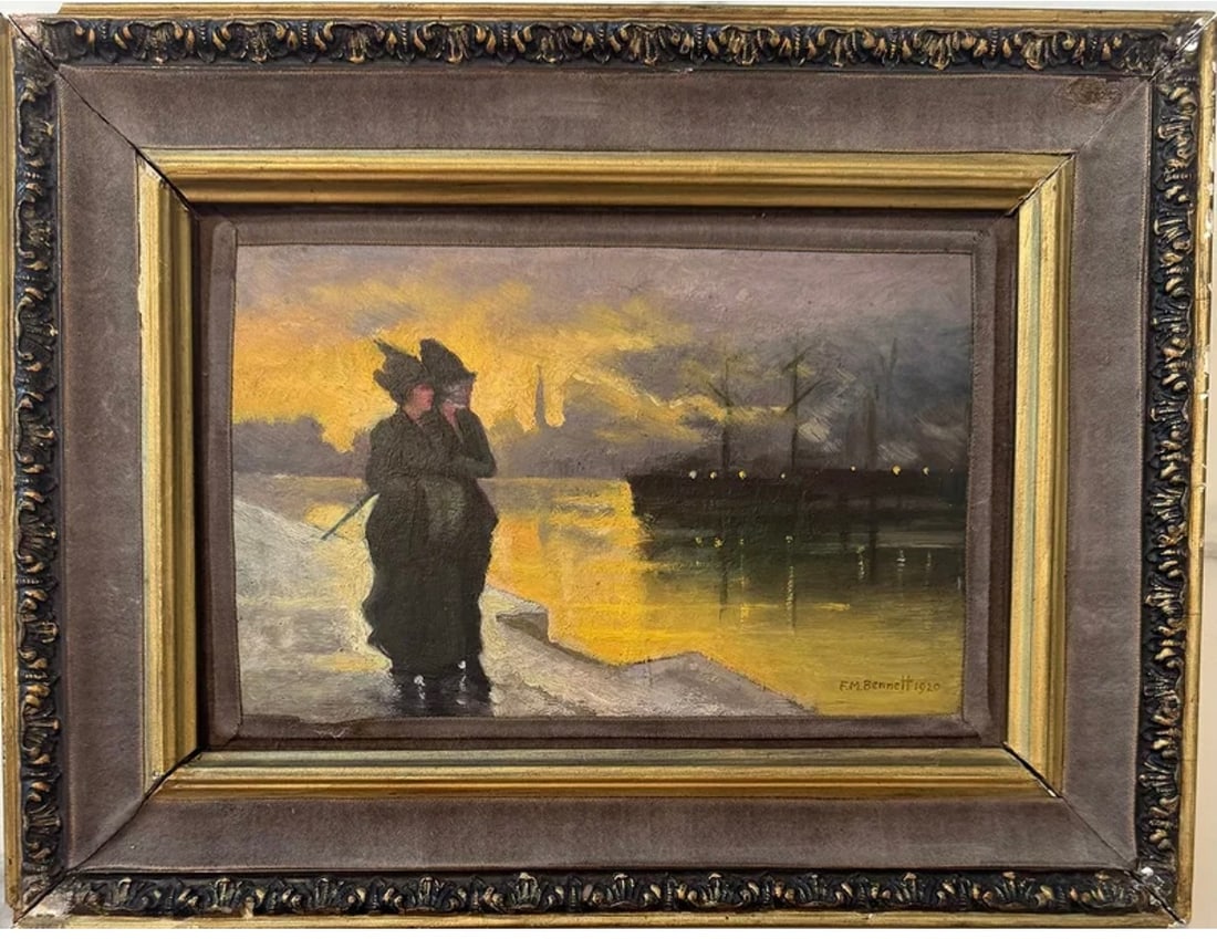 Frank Moss Bennett (British, 1874–1952): An oil on board by Frank Moss Bennett, a British painter known for his detailed historical genre scenes, portraits, and finely rendered interiors. Bennett's works often evoke earlier centuries through