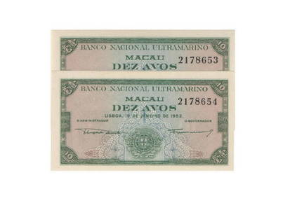 CHINA-Macao 1952 Banco Nacional Ultramarino(2): CHINA-Macao 1952 Banco Nacional Ultramarino - Macao Branch 10 Avos (2178653, 2178654), with consecutive serial number, Pick 42r, UNC. Total 2 Pieces