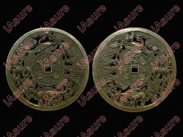 040: KOREA AMULET Fu Shou Duo Nan Wu Jun Wan Nian: KOREA AMULET - Huge Openwork Amulet depicting mountains, trees, 2 deer, a crane and a turtle. Coin design in center with inscriptions: "Fu Shou Duo Nan" (Wealth, long life and many sons) and "Wu Jun W