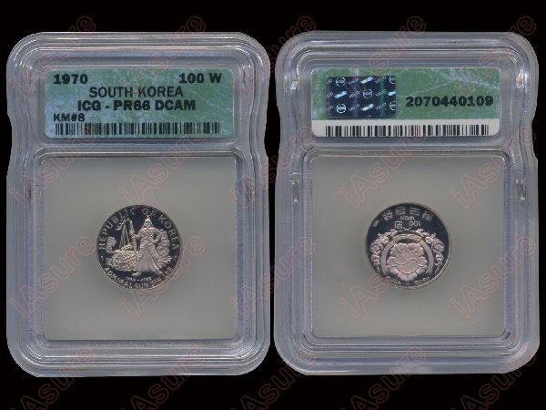 SOUTH KOREA 1970 100 Won Silver ICQ PR66DCAM KM8: SOUTH KOREA 1970 100 Won Silver, admiral Yi Lee Soon-shin, KM 8, ICQ PR66DCAM
