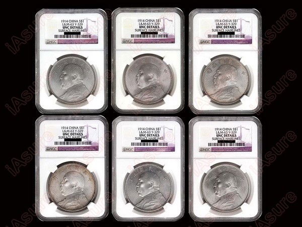CHINA 1914 Yuan Shi Kai 1 Dollar Silver(6): CHINA-REPUBLIC 1914 Yuan Shi Kai One Dollar Silver, L&M63, Y329. Total 6 Pieces, all NGC UNC Details