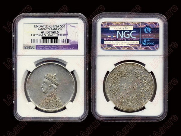 CHINA-SZECHUAN ND 1 Rupee Silver Fantasy, NGC AU: CHINA-SZECHUAN ND One Rupee Silver Fantasy, Emperor Kuang Hsu, Vertical Rosette with collar, Kann B29, NGC AU Details