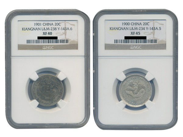 CHINA-KIANGNAN 1900-01 20 Cents Silver (2): CHINA-KIANGNAN 1900 20 Cents Silver, L&M234, Y143a.5, NGC XF45; CHINA-KIANGNAN 1901 20 Cents Silver, no initials, L&M238, Y143a.6, NGC XF40. Total 2 Pieces