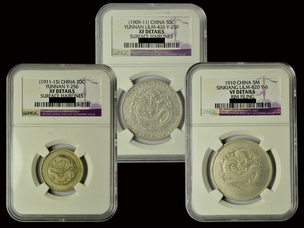 CHINA-YUNNAN & SINKIANG Silver Coins(3): CHINA-YUNNAN ND(1909-11) 50 Cents Silver, L&M426, Y259, NGC XF Details; CHINA-YUNNAN ND(1911-15) 20 Cents Silver, 2 circles beneath pearl, L&M423, Y256, NGC XF Details; CHINA-SINKIANG ND(1910) 5 Mace 