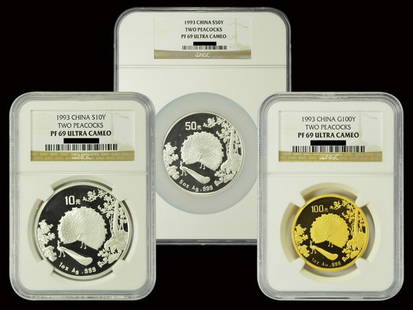 CHINA 1993 Peacock 3pc Gold & Silver Set all PF69: CHINA 1993 Peacock 3 pieces Gold and Silver Proof Set:(1) 100 Yuan 1 Oz .999 Gold Proof, NGC PF69 ULTRA CAMEO;(2) 50 Yuan 5 Oz .999 Silver Proof, NGC PF69 ULTRA CAMEO;(3) 10 Yuan 1 Oz .999 Silver Proo