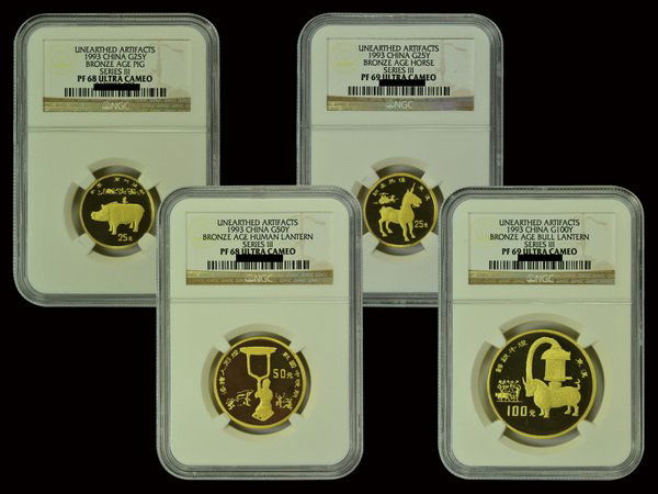CHINA 1993 Unerathed Artifacts[III] Gold 4pc set: CHINA 1993 Unerathed Artifacts(Bronze Ware)[series III] Gold Proof 4 pieces set: (1) 25 Yuan 1/4 Oz .916 Gold, NGC PF69 ULTRA CAMEO; (2) 25 Yuan 1/4 Oz .916 Gold, NGC PF68 ULTRA CAMEO; (3) 50 Yuan 1/2