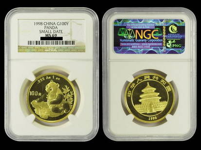 CHINA 1998 1 Oz Gold Panda (Small Date) NGC MS69: CHINA 1998 100 Yuan 1 Oz .999 Gold BU, Small Date, Panda, NGC MS69