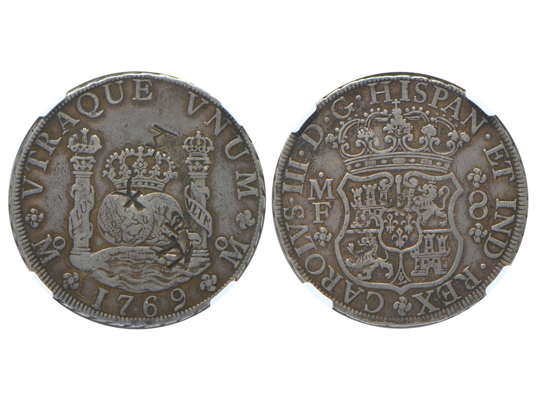 MEXICO 1769-MO-MF Carlos III 8 Reals Silver, NGC XF DETAILS, Chopmarked, F.M. Rose Collection, (1 of 2)