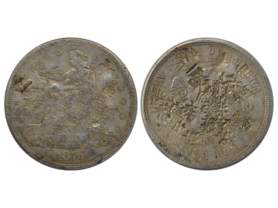 (1) UNITED STATES OF AMARICA 1876-S Trade Dollar Silver, Chopmarked (2) UNITED STATES OF AMARICA (1 of 2)