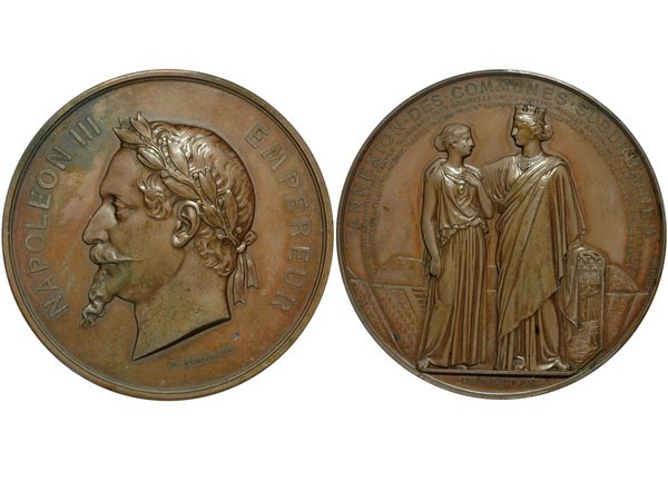 FRANCE 1859 Napoleon III Copper Medal: FRANCE 1859 Napoleon III Copper Medal, head of Napoleon, left, Rev. "Annexation of the Suburbs" with a crowned/female figure right and a female standing to left by H.Ponscarme, AU, 72mm