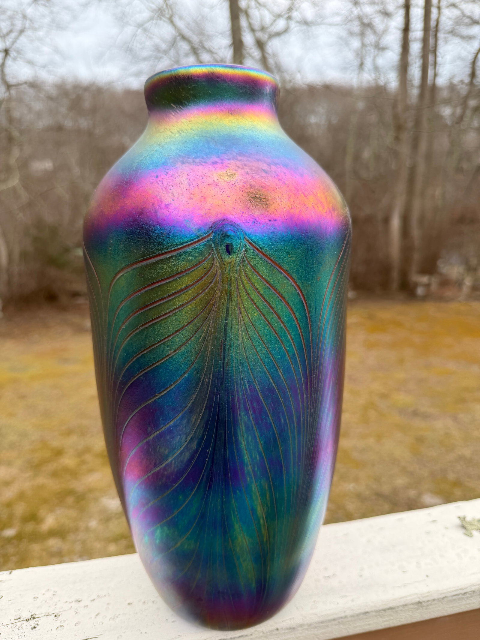 Feller studio, signed, Favrile, pulled feather vase: Feller studio’s, signed, 1992, with beautifully pulled feathers, in cobalt blue iridescent, vase