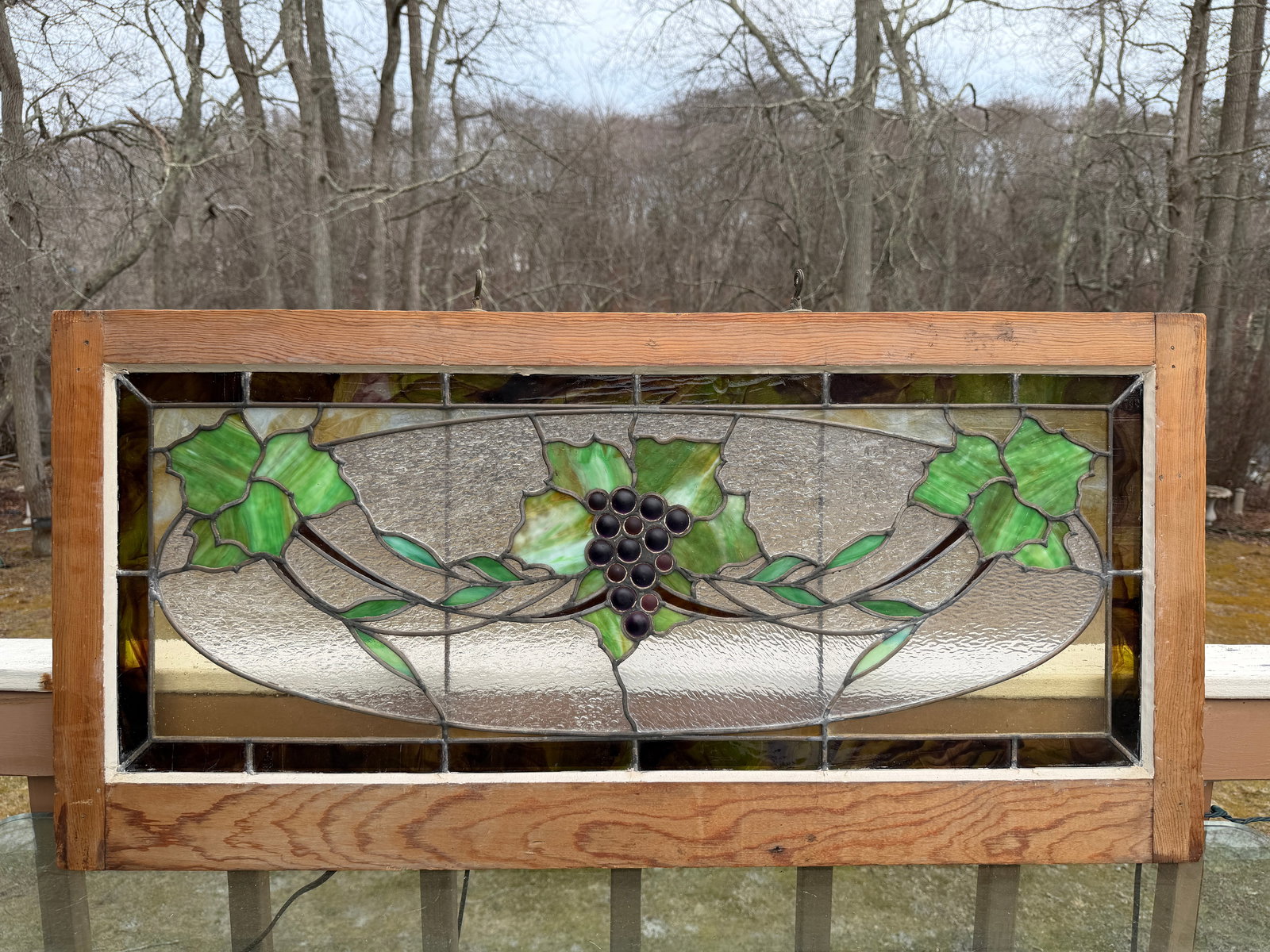 Antique Stained glass window panel: Grape and vine motif, in a wooden frame, hand cut, traditional leaded construction, super colors, frame has chips on the back