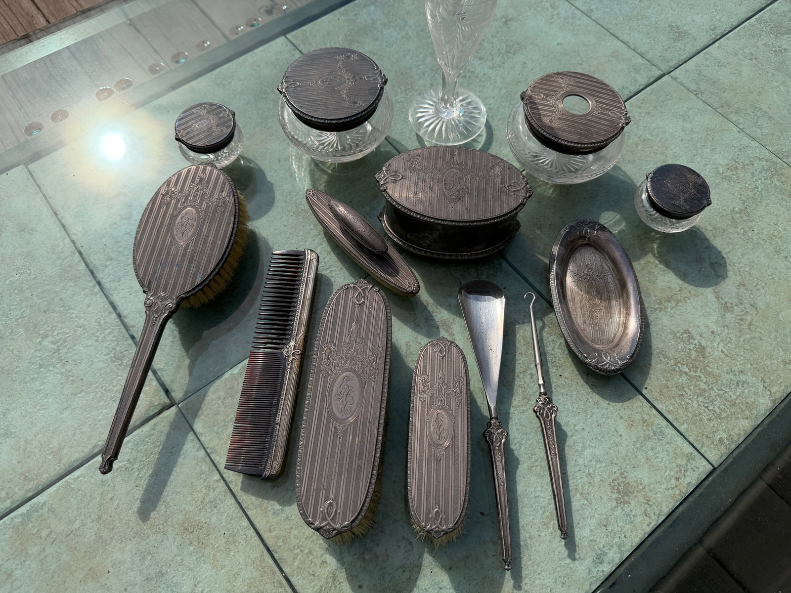 Trianon Dresser set, Sterling Silver, cut and etched glass, 14 piece set (1 of 15)