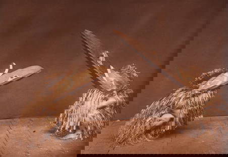 Kotsuis and Hohhuq - Nokoaktok: Two men from the Nakoaktok nation are shown crouched in full ceremonial regalia, wearing massive bird transformation masks and fiber dance skirts made of shredded cedar bark. The setting is a controll