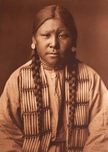 Cheyenne Girl: A tender and luminous portrait of a young Cheyenne girl, posed in profile and wrapped in a soft blanket. Her expression is composed and thoughtful, her hair neatly braided and adorned, reflecting both