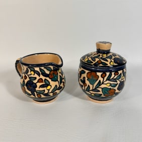 Vintage Jerusalem Ceramic Painted Pottery Cream and Sugar Set