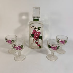 Handed Painted Grape Design Glass Wine Decanter Set