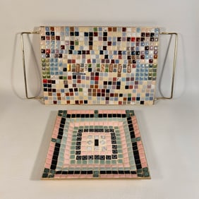 Mid Century Ceramic Tile and Brass Display Plate Set of 2