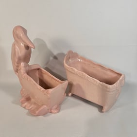 1950's Haeger Pink Baby Girl Stork and Cradle Ceramic Planters with Original Stickers