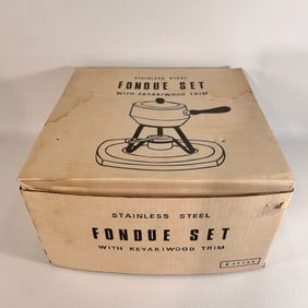 Mid Century UNOPENED Fondue Set, Stainless Steel and Kayakiwood