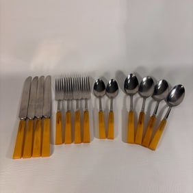 Vintage Bakelite Handled Stainless Silverware Set, 14 pcs 1930s-40 Butterscotch Bakelite Art Deco