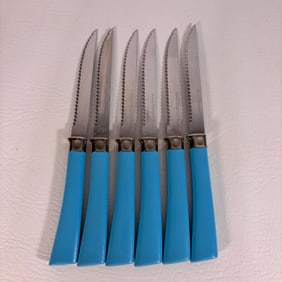 Vintage Forgecraft Steak Knife Set of 6, 1950s Teal Blue Plastic Handled Stainless Steel Cutlery,