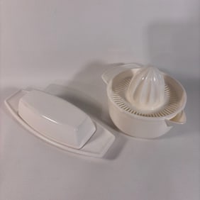 Vintage Plastic Kitchenware Pair, Juicer and Butter Dish