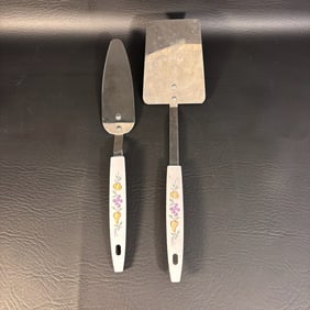 1970s Stainless Steel Serving Pair Fruit Motif Plastic Handles