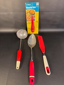 Vintage Red Utensil Lot, Bekelite Handled Ladle and Others