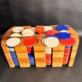 Vintage Poker Chips and Wooden Holder