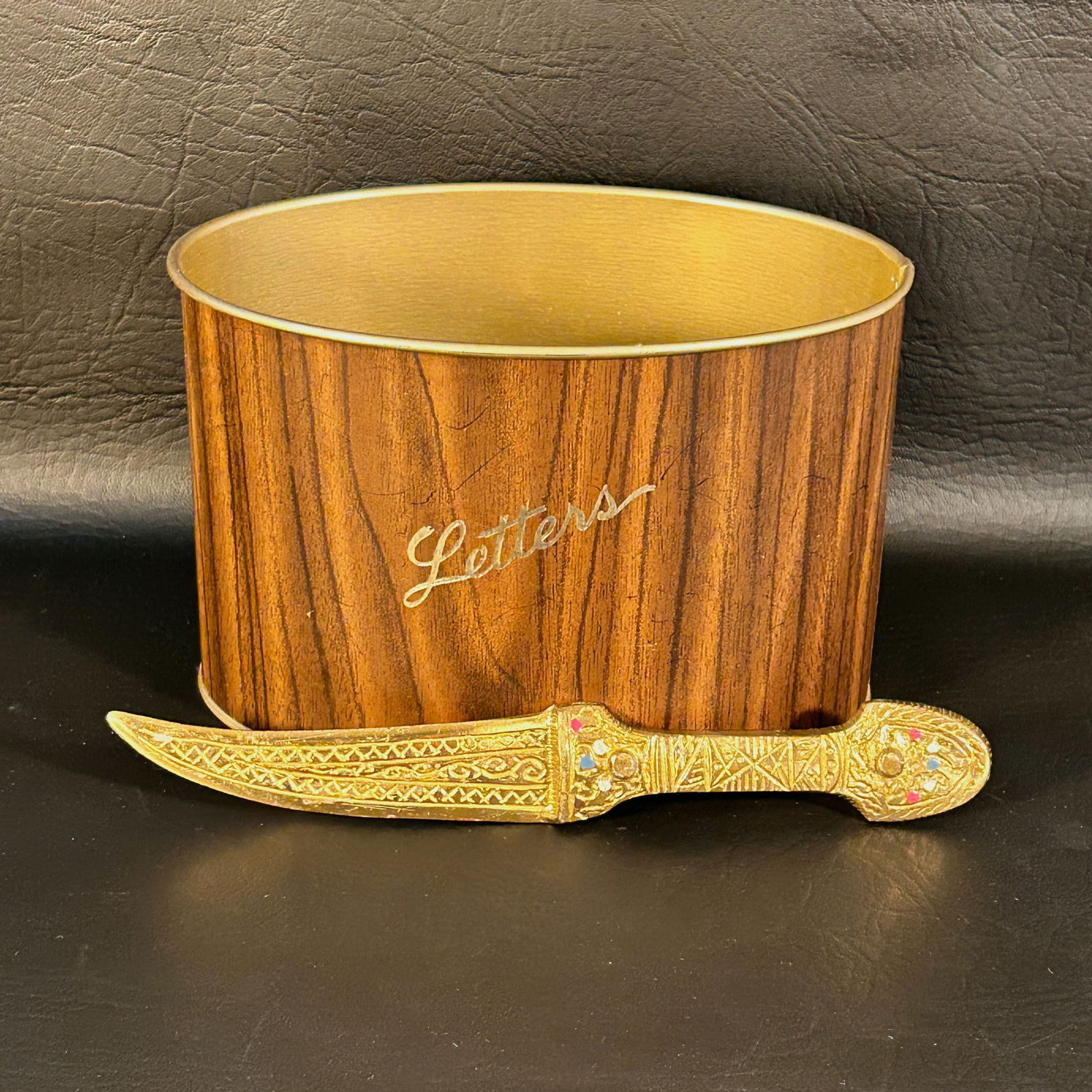 Vintage Letter Supplies Pair, Opener and Tin: Very good shape, no signs of age. Letter tin/organizer from the 1960s and a heavy brass letter opener in a unique style to look like a dagger.