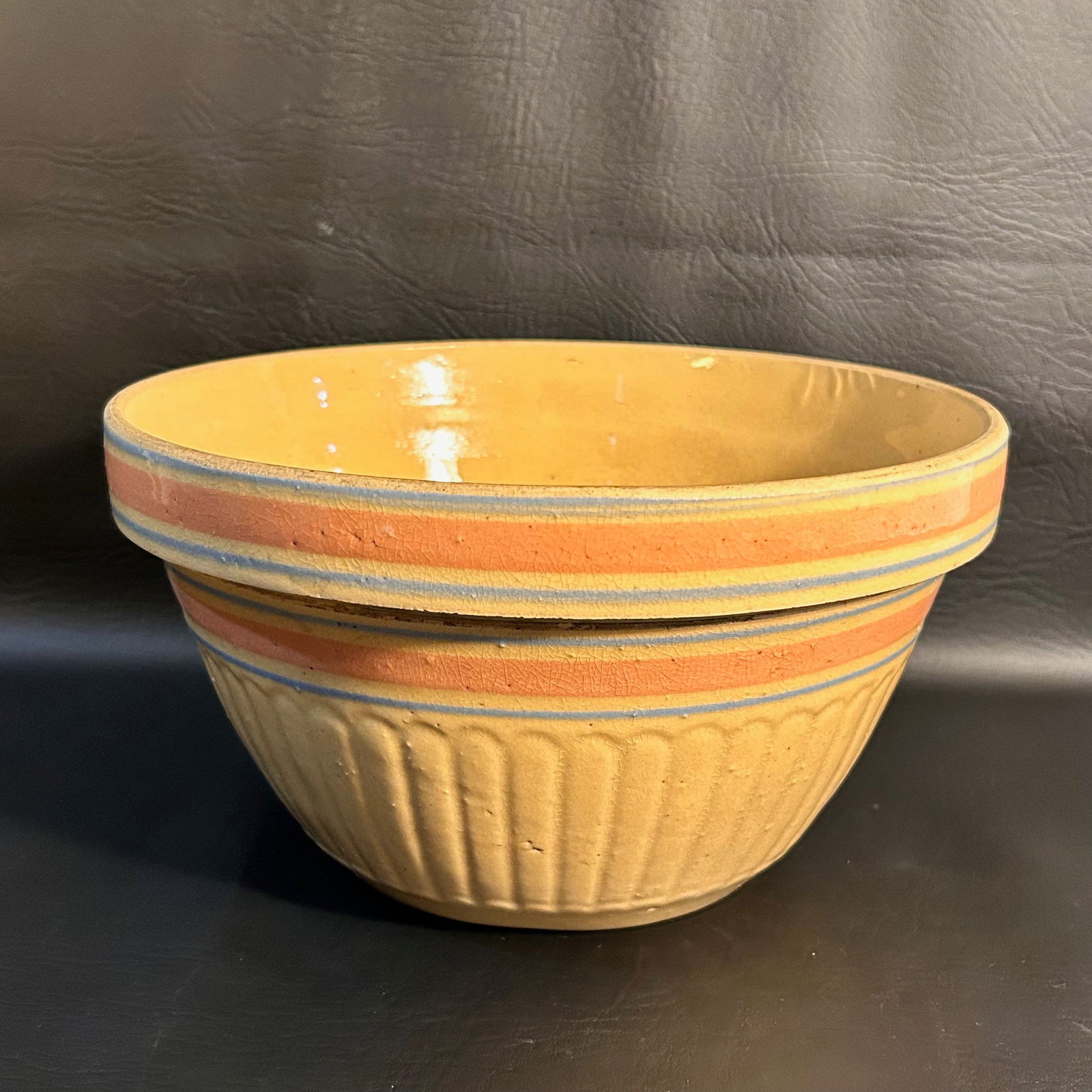 Antique Mixing Bowl- Yellow Ware with Pink and Blue Stripes (1 of 4)