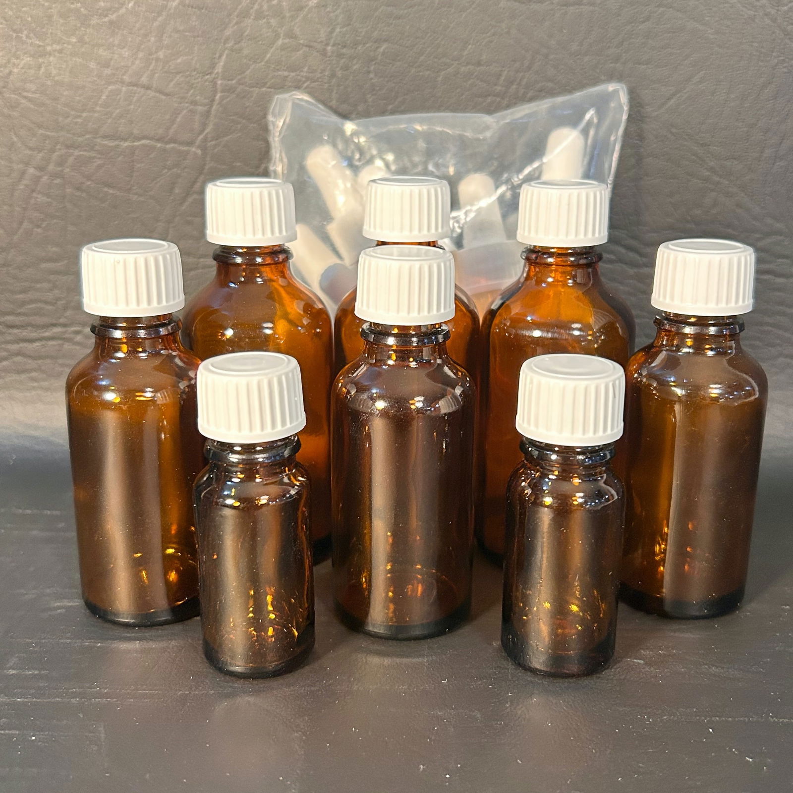 8 Amber Glass Medicine Bottles Multiple Sizes, Ten Dropper Lids (1 of 4)