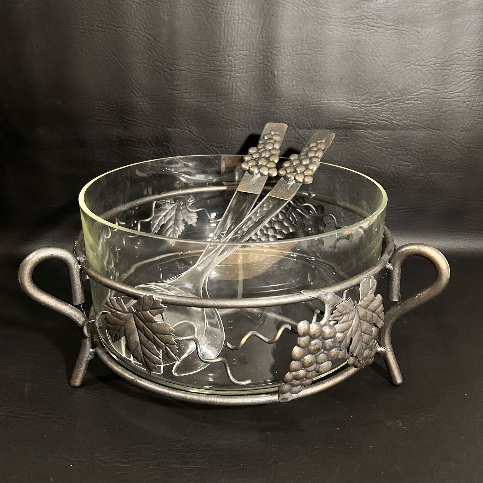 Vintage Glass Salad or Fruit Bowl 6 Piece Serving with Metal Stand/Handles-Grape Leaf Pattern (1 of 4)